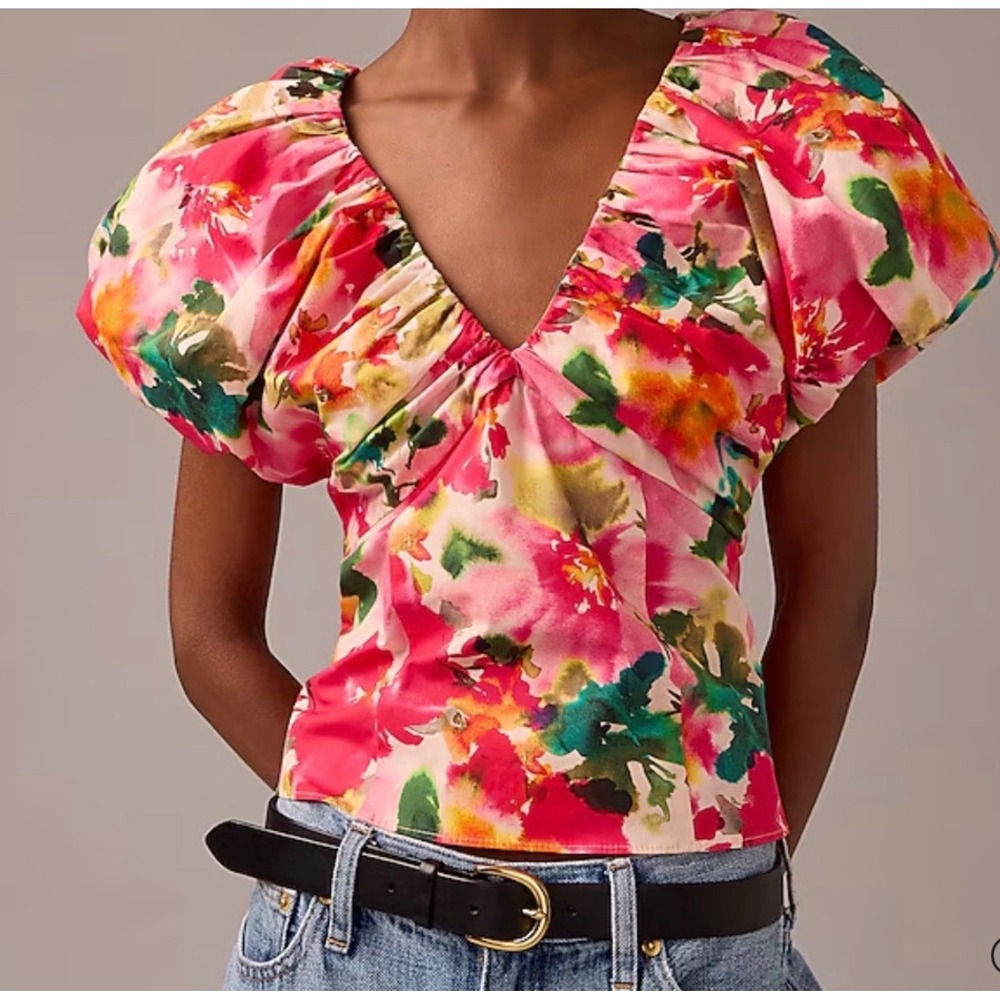 J. Crew Cecily top floral watercolor poplin cotton bubble sleeve womens 16